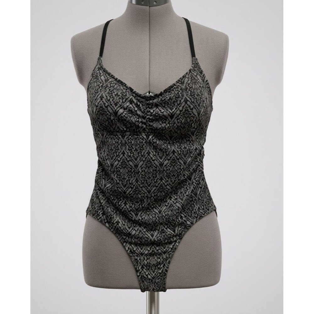Mossimo One-Piece Swimsuit - Grey & Black Jacquard Damask - Lace-Up Back XL